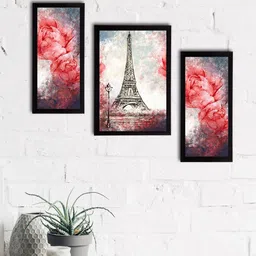 eCraftIndia Set of 3 Red & White Botanical and Floral Satin Matt Textured UV Wall Art-32