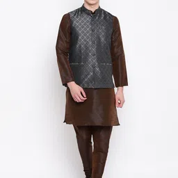 MAG Men Brown & Charcoal Grey Solid Kurta with Churidar-picture-29