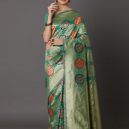 Mitera Green & Gold-Toned Silk Blend Woven Design Kanjeevaram Saree-image-68