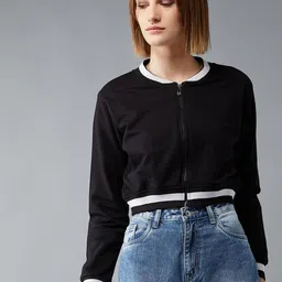 DOLCE CRUDO Women Black Solid Cropped Bomber Jacket-58