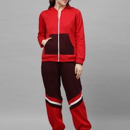 Athena Women Red & Burgundy Solid Hooded Sweatshirt & Colourblocked Joggers-picture-46