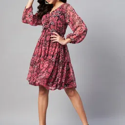 plusS Red & Black Floral V Neck Dress-image-67