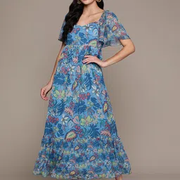 aarke Ritu Kumar Floral Print Flared Sleeves Sweetheart Neck Chiffon A-Line Maxi Dress-image-31