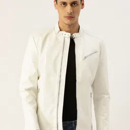 Leather Retail Men White Solid Lightweight Biker Jacket-image-42