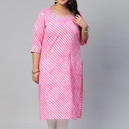 Divena Women Plus Size Pink & White Pure Cotton Leheriya Print Mirror Work Kurta-image-11