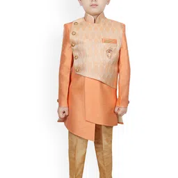 SG YUVRAJ Boys Orange & Gold Woven Design Raw Silk Sherwani Set-14