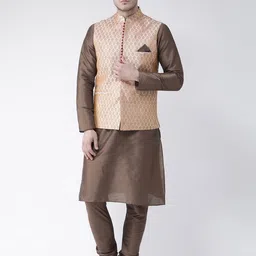 DEYANN Men Coffee Brown & Cream-Coloured Solid Kurta with Pyjamas & Nehru Jacket-52