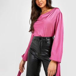 Boohoo Slinky Tie Detail Split Sleeve Bodysuit-image-70