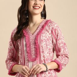 Anouk Women Floral Printed Regular Mirror Work Pure Cotton Kurta with Trousers-image-39