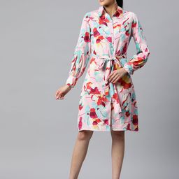 plusS Pink & Blue Floral Print Knee Length Shirt Dress-image-68