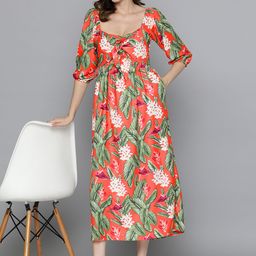 Mast & Harbour Floral Print Puff Sleeve Satin A-Line Midi Dress-image-78