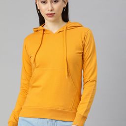 JUNEBERRY Women Yellow Solid Hooded Sweatshirt-image-7
