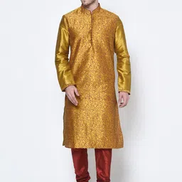 DEYANN Men Gold-Toned & Maroon Printed Dupion Silk Kurta with Churidar-36