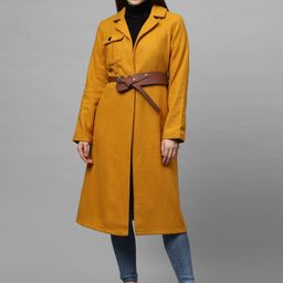 Athena Women Mustard Yellow Solid Woollen Longline Wrap Coat-picture-24