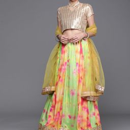 Mitera Beige & Green Embroidered Mirror Work Tie and Dye Unstitched Lehenga & Blouse With Dupatta-picture-36
