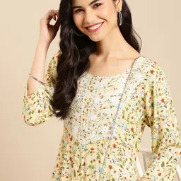 SHOWOFF Women Yellow Floral Printed A-Line Kurta-image-34