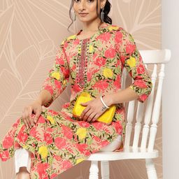 Varanga Women Beige & Pink Floral Printed Floral Kurta-24