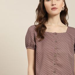 her by invictus Women White & Maroon Checked Top-picture-2