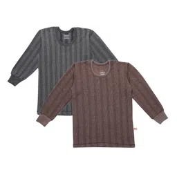 VIMAL JONNEY Kids Pack Of 2 Brown & Charcoal Grey Self-Striped Thermal T-Shirts-image-16