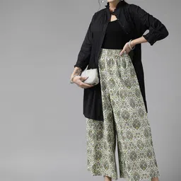 PANIT Women White & Grey Floral Printed Ethnic Cotton Palazzos-image-20