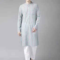 See Designs Men Green Striped Pure Cotton Kurta with Trousers-picture-50
