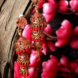 ANIKAS CREATIOn Gold Plated & Red Enamelled Peacock Shaped Jhumkas-image-16