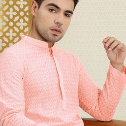 House of Pataudi Men Pink Authentic Hand Embroidered Chikankari Kurta-picture-51