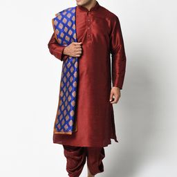 DEYANN Men Maroon & Blue Solid Kurta with Pyjamas & Dupatta-picture-8