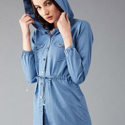DOLCE CRUDO Women Blue Solid Hooded Denim Jacket-image-100