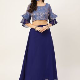 RIVI Blue & Golden Ready to Wear Zari Woven Design Lehenga with Blouse & Cloth Mask-image-5