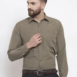 English Navy Men Olive Brown Slim Fit Solid Formal Shirt-image-58