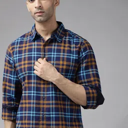 Roadster Men Navy Blue & Mustard Yellow Cotton Tartan Checks Sustainable Casual Shirt-image-46