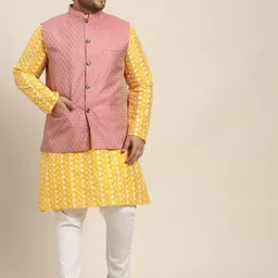 SOJANYA PLUS Men Yellow & White Chikankari Embroidered Kurta with Churidar & Nehru Jacket-image-81