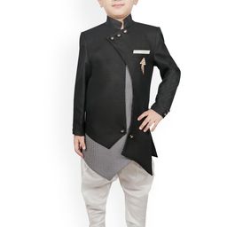 SG YUVRAJ Boys Black & White Solid Silk Sherwani-50