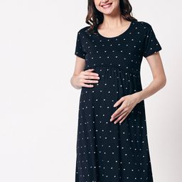 Zeyo Women Navy Blue Pure Cotton Printed Maternity & Feeding Nightdress-picture-12