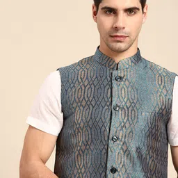 Anouk Men Blue Printed Jacquard Nehru Jacket-19