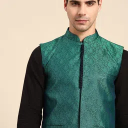 Anouk Men Green & Navy Blue Woven Design Jacquard Silk Nehru Jacket-81