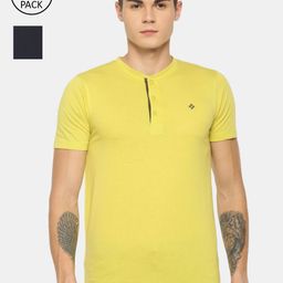 Dollar Men Yellow & Navy Blue Pack of 2 Solid Henley Neck T-shirt-image-75