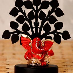 eCraftIndia Gold-Plated Orange & Black Mini Kaan Ganesha With Wooden Tree Showpiece-image-84