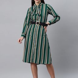 plusS Green and White Striped A-Line Shirt Dress with Belt-picture-9