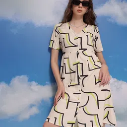 CORSICA Abstract Print Knee Length Buttoned A-Line Dress-image-79