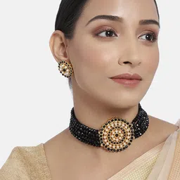 I Jewels Black Gold-Plated Beaded Choker Jewellery Set-image-68