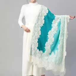 MODARTA Floral Embroidered Ombre with Valentino Lace Wool Shawl-picture-35