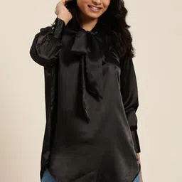 Qurvii Black Tie-Up Neck Puff Sleeves Satin Finish Top-image-83