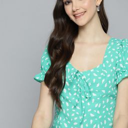 Mast & Harbour Green & White Printed Sweetheart Neck Top-image-22