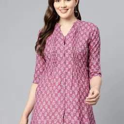 One Femme Mandarin Collar Printed Tunic-image-50