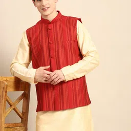 Anouk Men Cream-Coloured Solid Straight Sustainable Kurta Pyjamas & Woven Nehru Jacket-48