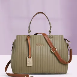Exotic Olive Green Striped PU Structured Handheld Bag-0