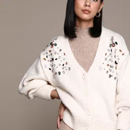 MANGO Women Off White Embellished Cardigan-image-28
