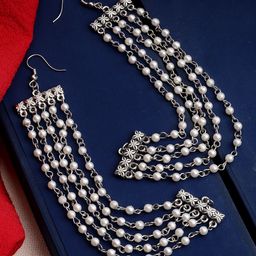 PANASH Oxidised Silver-Plated Pearls Layered Ear Chains-36